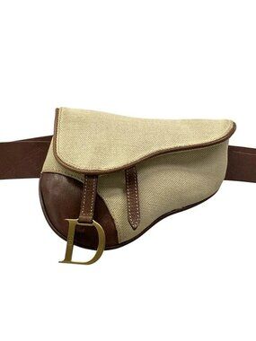 DIOR/ChristianDior Saddle Bag Cream Dark Brown Canvas Leather Bum Bag